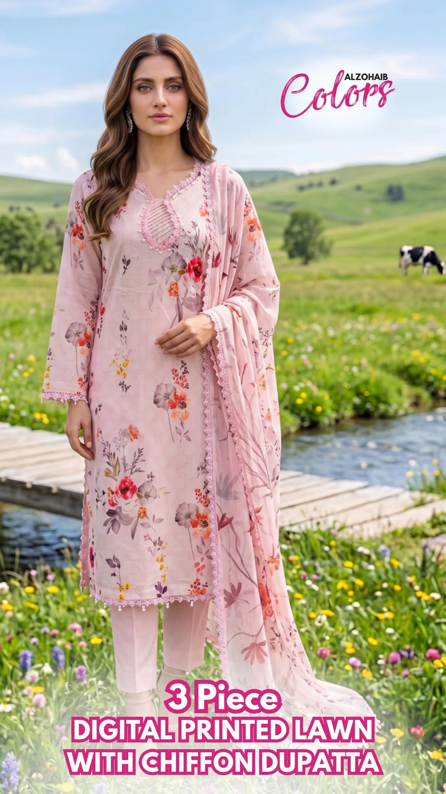 az colors digital printed lawn with chiffon dupatta