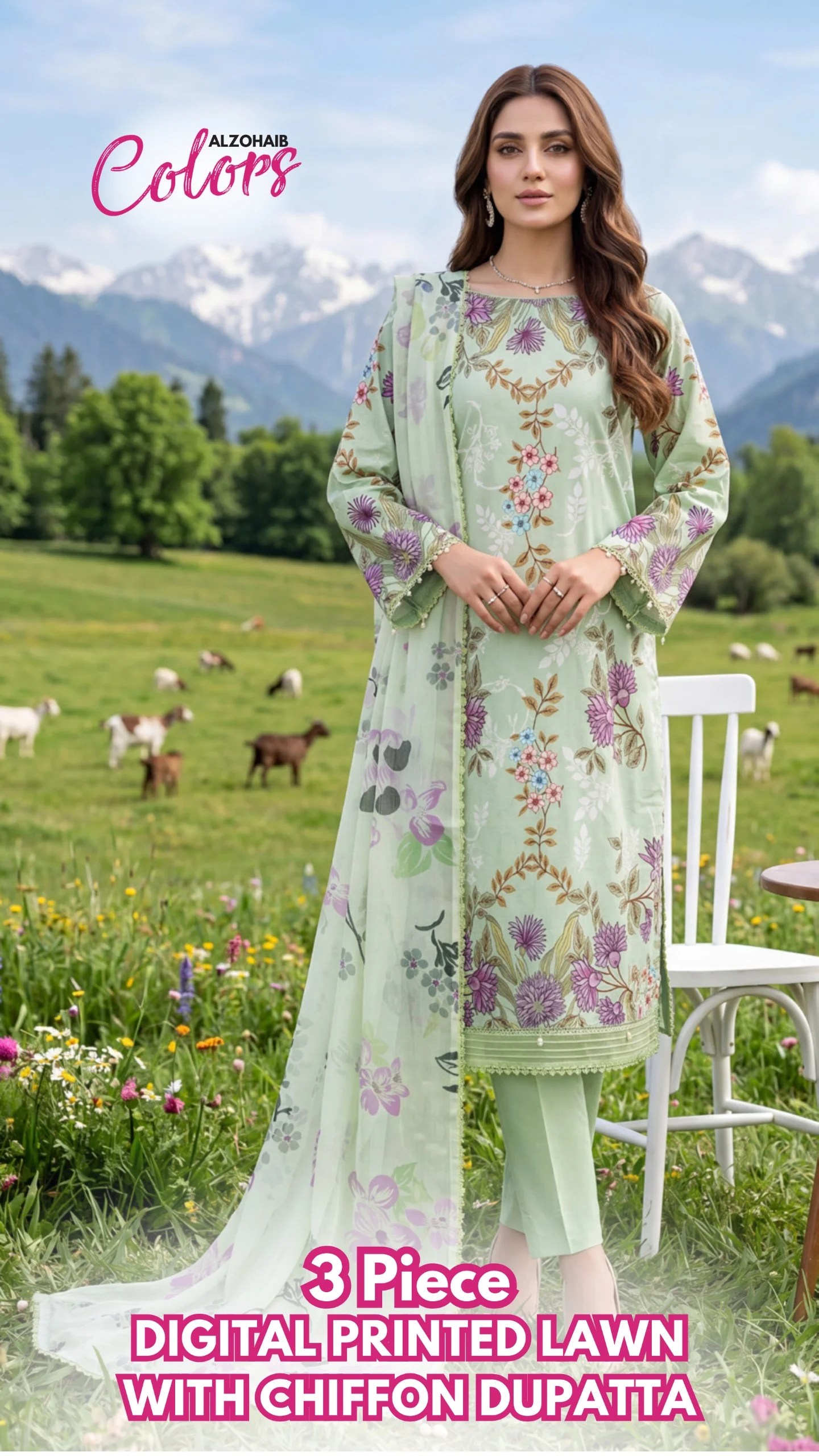 az colors digital printed lawn with chiffon dupatta