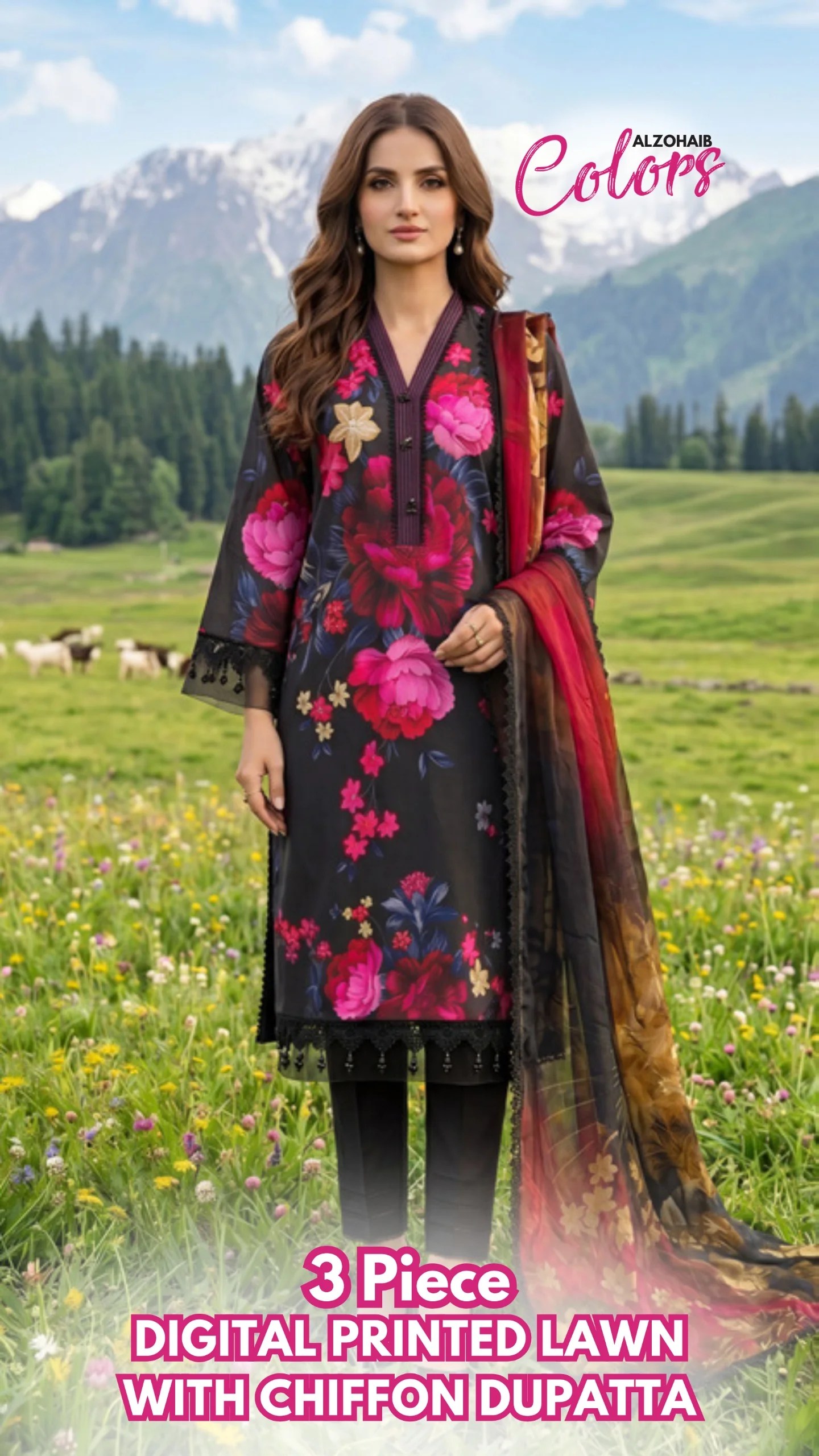az colors digital printed lawn with chiffon dupatta