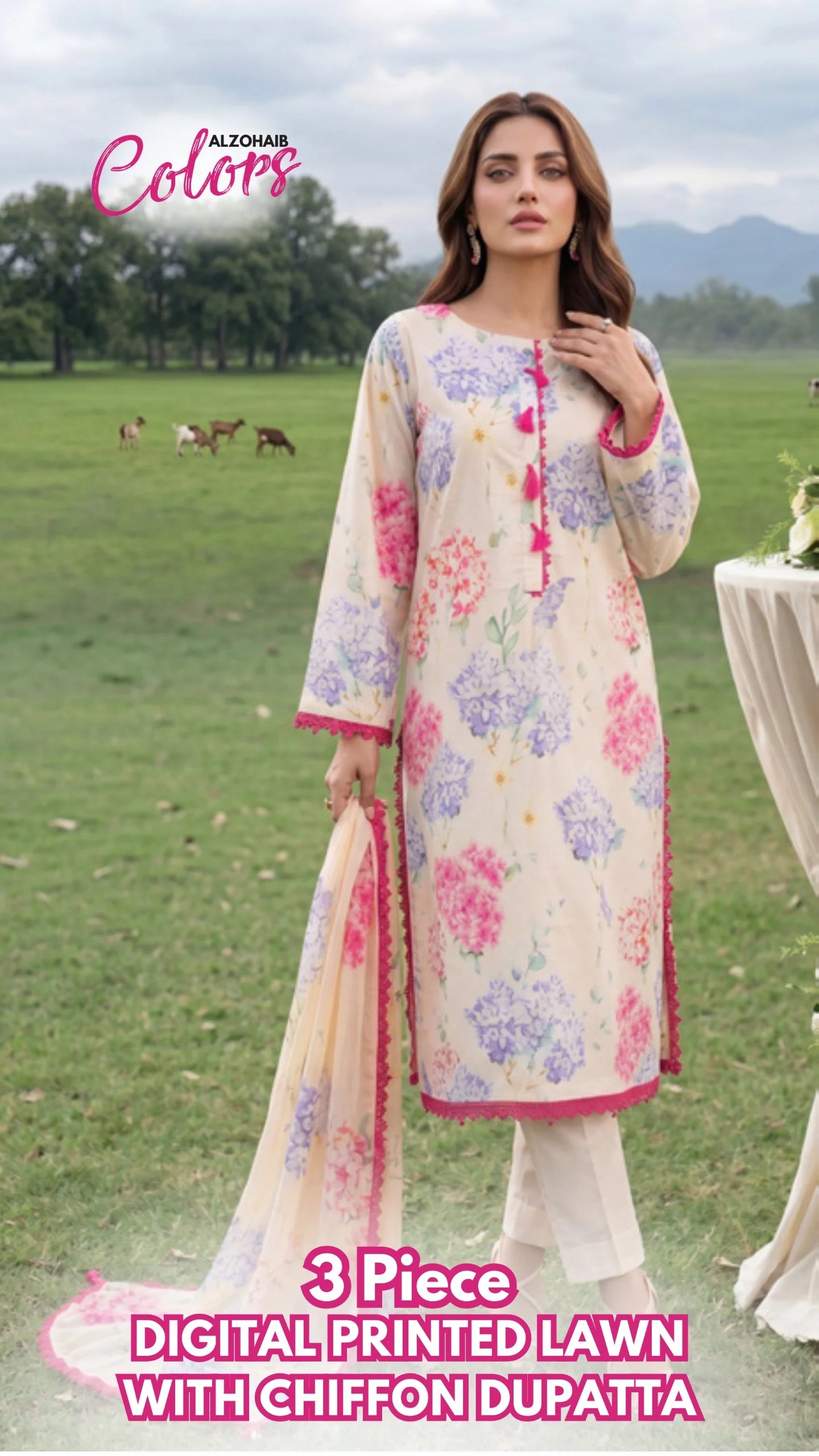 az colors digital printed lawn with chiffon dupatta