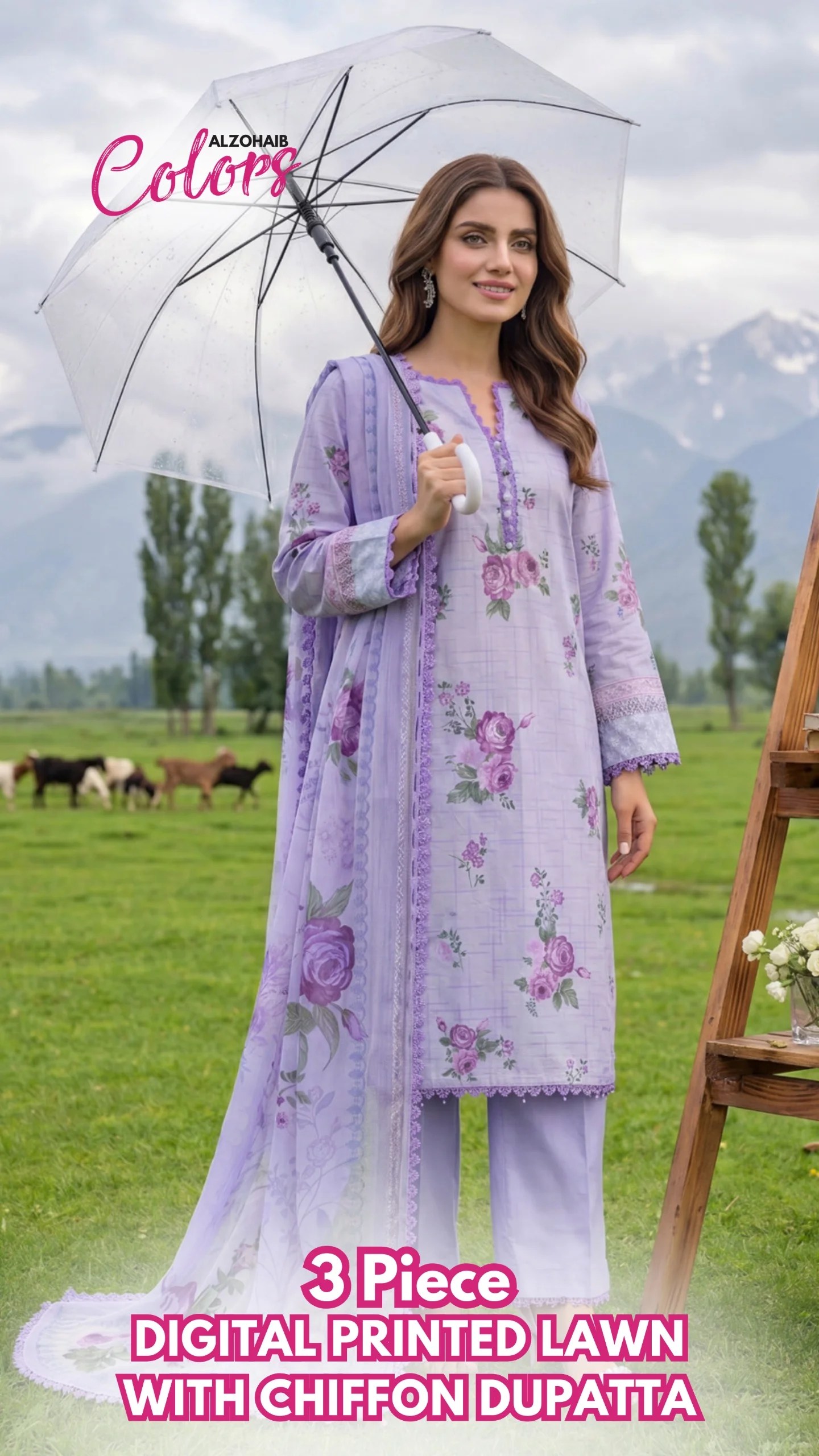 az colors digital printed lawn with chiffon dupatta