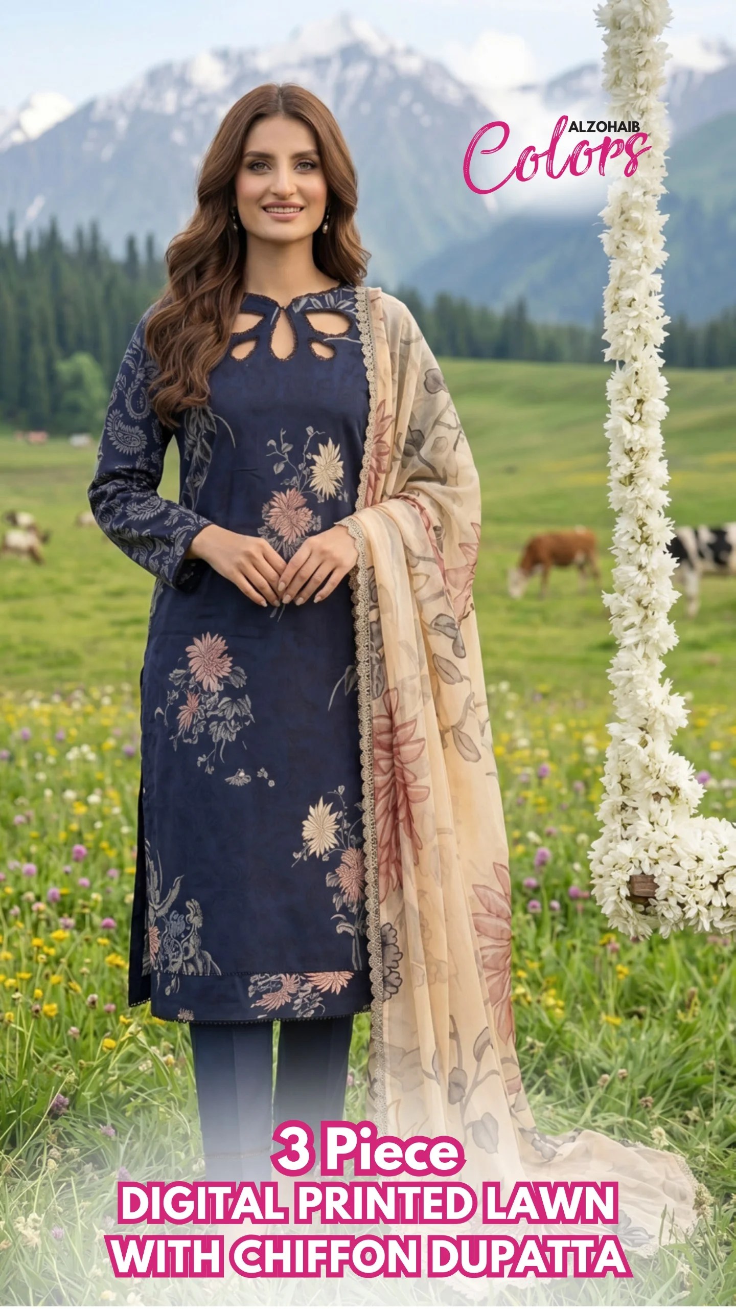 az colors digital printed lawn with chiffon dupatta