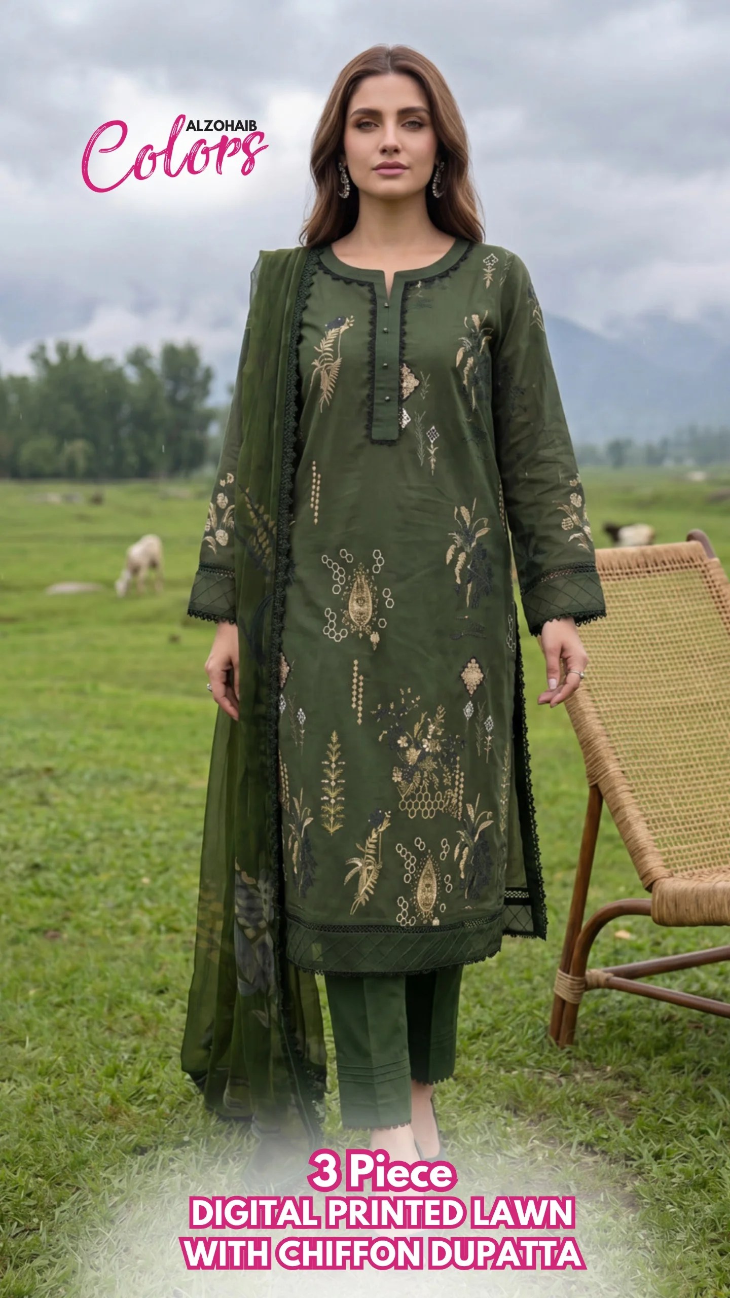 az colors digital printed lawn with chiffon dupatta