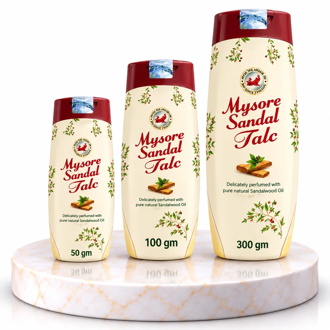 Mysore Sandal Talcum Powder with Sandalwood Oil - 50g / 100g / 300g / Set of 3