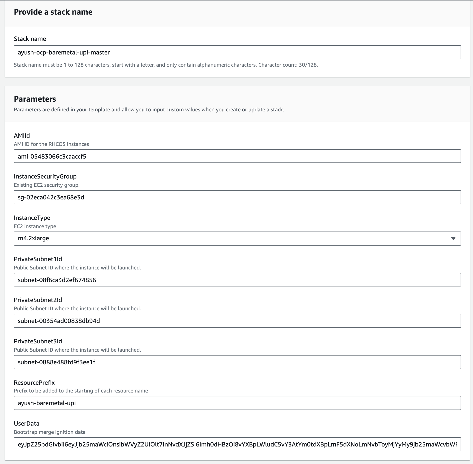Specify master node stack details