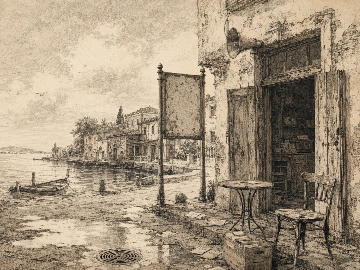 Ayvalık benzeri eski bir liman sokağında boş tabela, belediye hoparlörü, arşiv kutusu, sandalye, taş zemin ve su birikintileriyle sahayı temsil eden açık tonlu gravür.