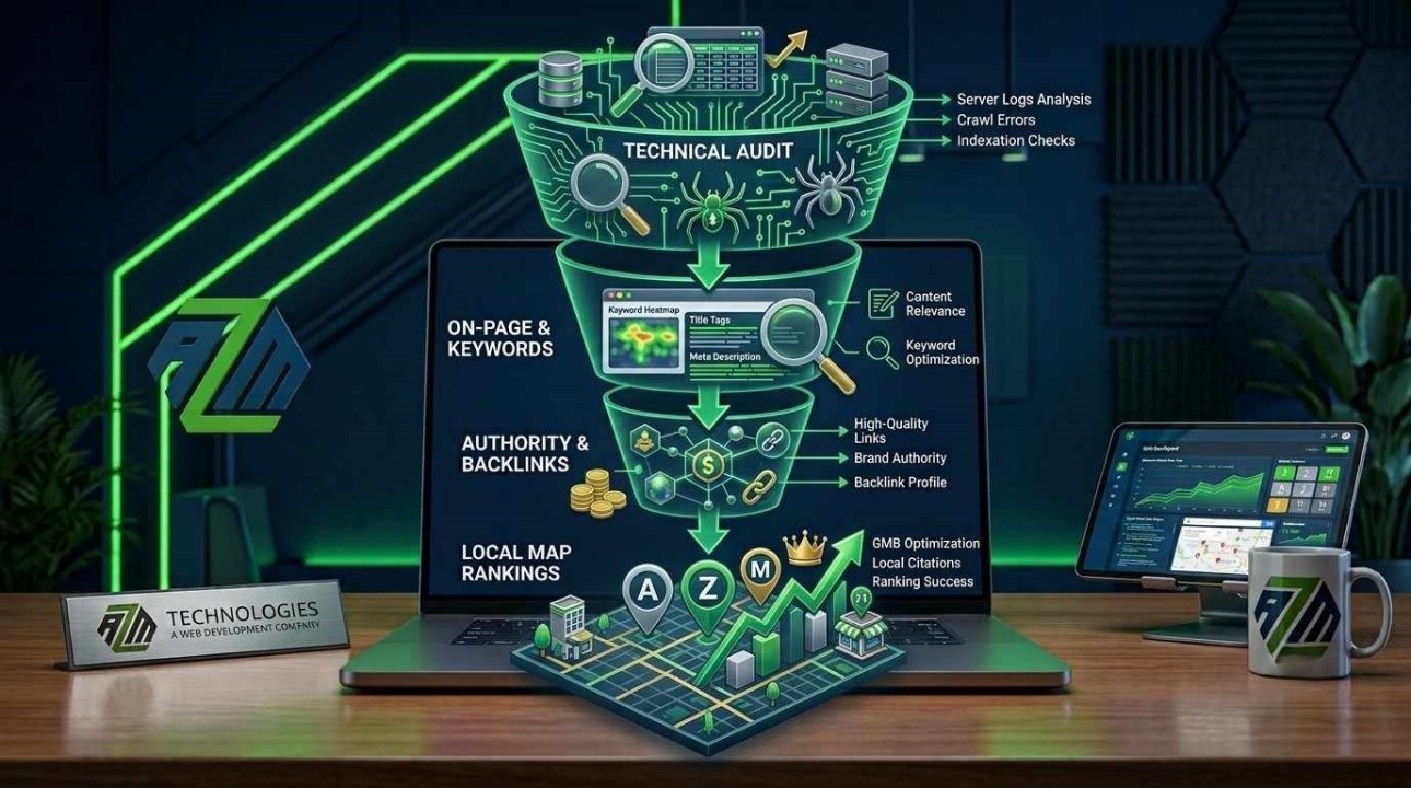 AZM Tech Technical SEO Audit Service flowchart illustrating website speed optimization and crawlability steps