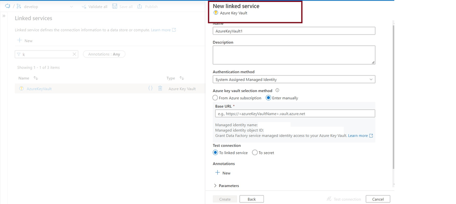 azure key vault linked service