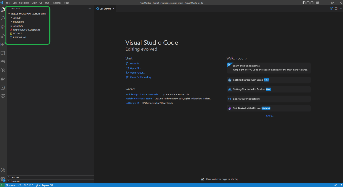 zaralim/ksqldb-migrations-action github repository cloned using VS Code.
