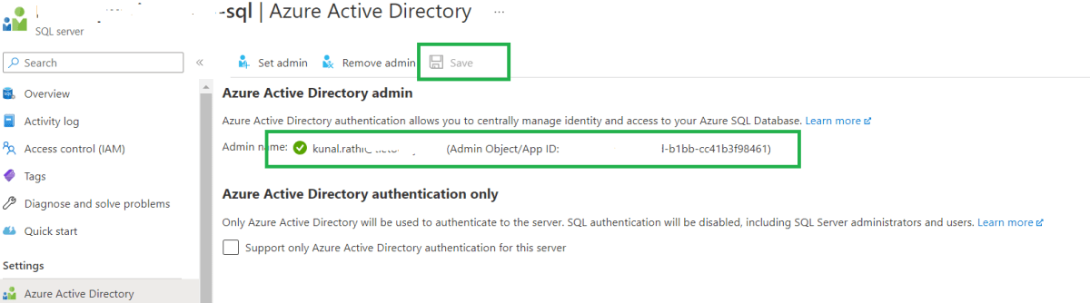 Add admin account to Azure SQL Server