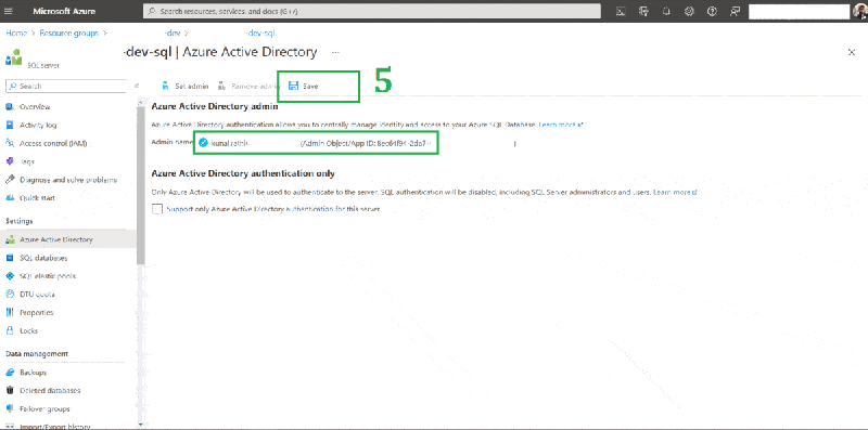 Create an Azure Active Directory admin permission on Azure SQL Database.