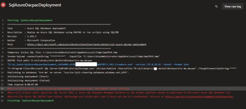 a project which specifies sql server 2022 as the target platform cannot be published to azure.