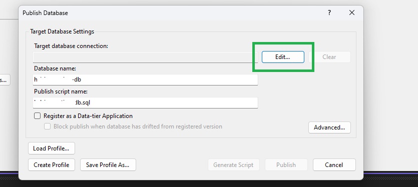 Create Azure SQL database connection for dacpac deployment 
