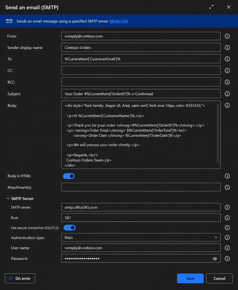 send email from SQL Server Power Automate Desktop SMTP action