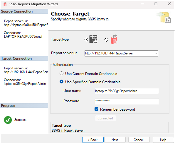 Choose Target screen