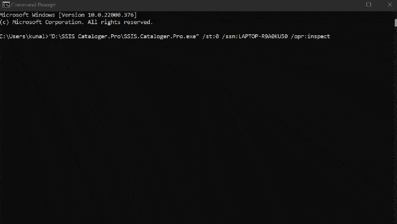 Command prompt showing SSIS Catalog Migration Wizard catalog inspection command