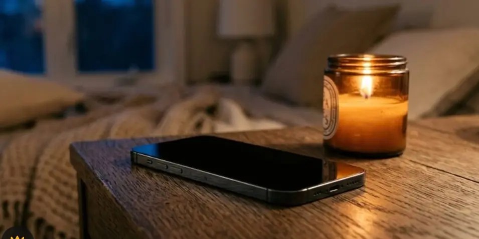 Смартфон с открытым телеграм‑каналом, рядом схема точек и чашка чая, тёмный уютный интерьер.