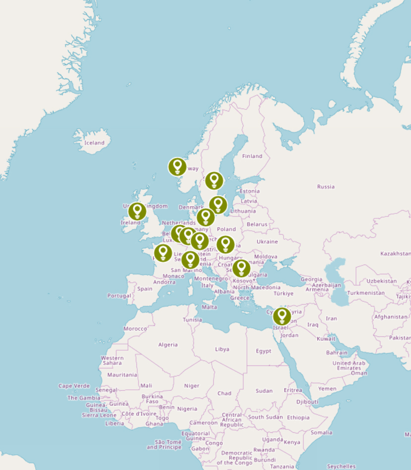Interactive map showing European and Middle Eastern locations marked with green pins, including sites in the United Kingdom, Ireland, Scandinavia, Central Europe, Eastern Europe, and Israel.
