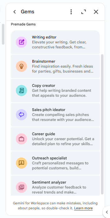 google docs sidebar showing seven premade gems