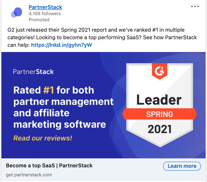 Ad example leveraging G2 buyer intent data partnerstack