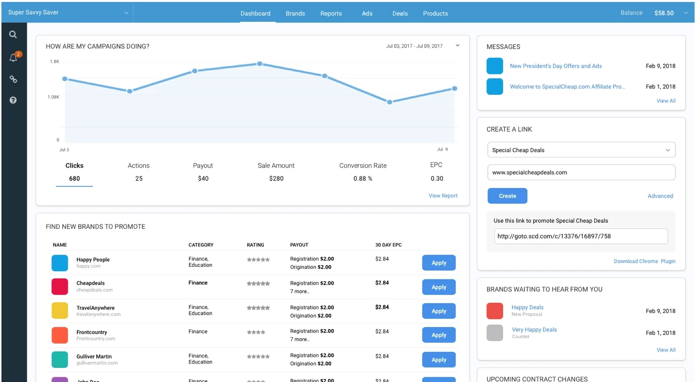 Impact's affiliate marketing software application homepage screens