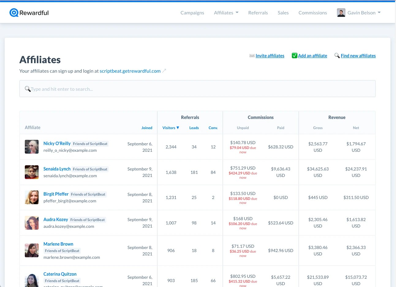 Rewardful affiliate marketing software application homepage screens