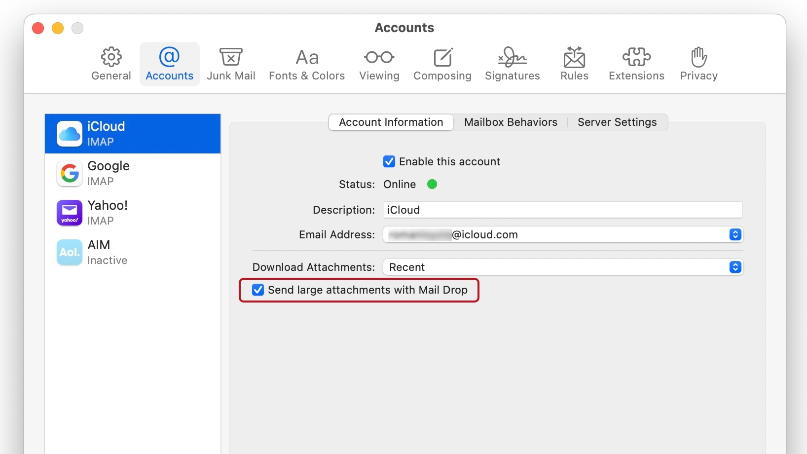 Configuración de entrega de correo de macOS