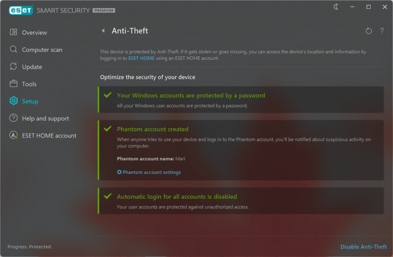 Eset Home Security Premium Anti-Theft info screen in the app (March 2024)