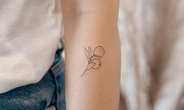 Small fine line orange branch tattoo with leaves and citrus fruit placed on the inner forearm
