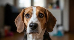 홀로 남겨져 불안해 보이거나 스트레스를 받는 강아지의 애처로운 모습.