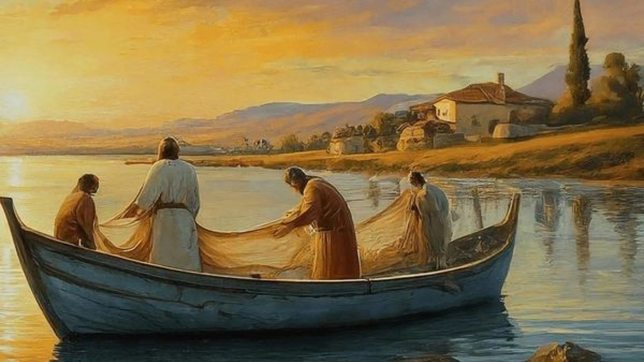 painting of Jesus and his disciples in a boat in the sea