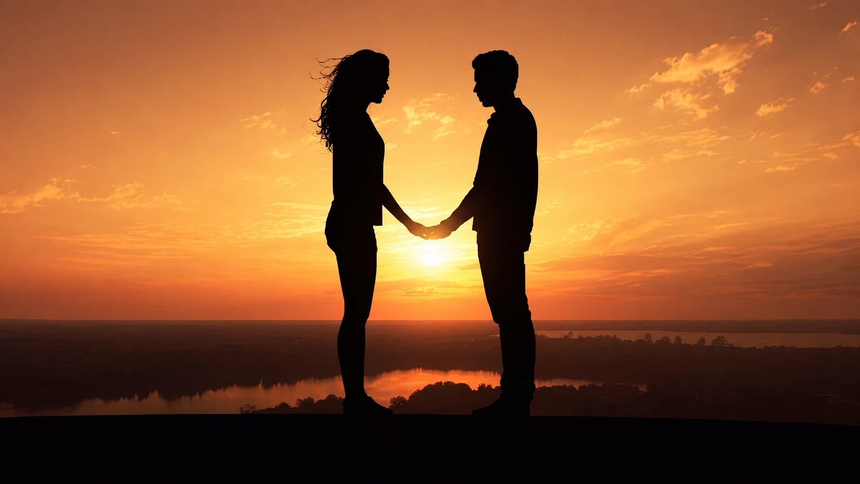 Silhouette of man and woman holding hands on beach with sunset