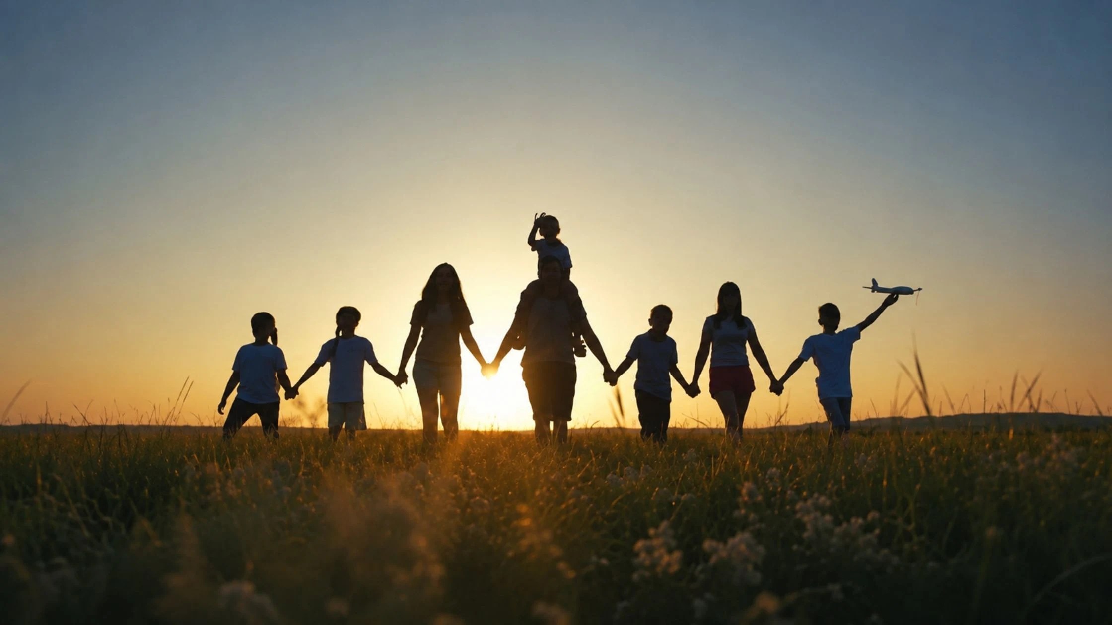 silhouette of family walking holding hands in front of sunset