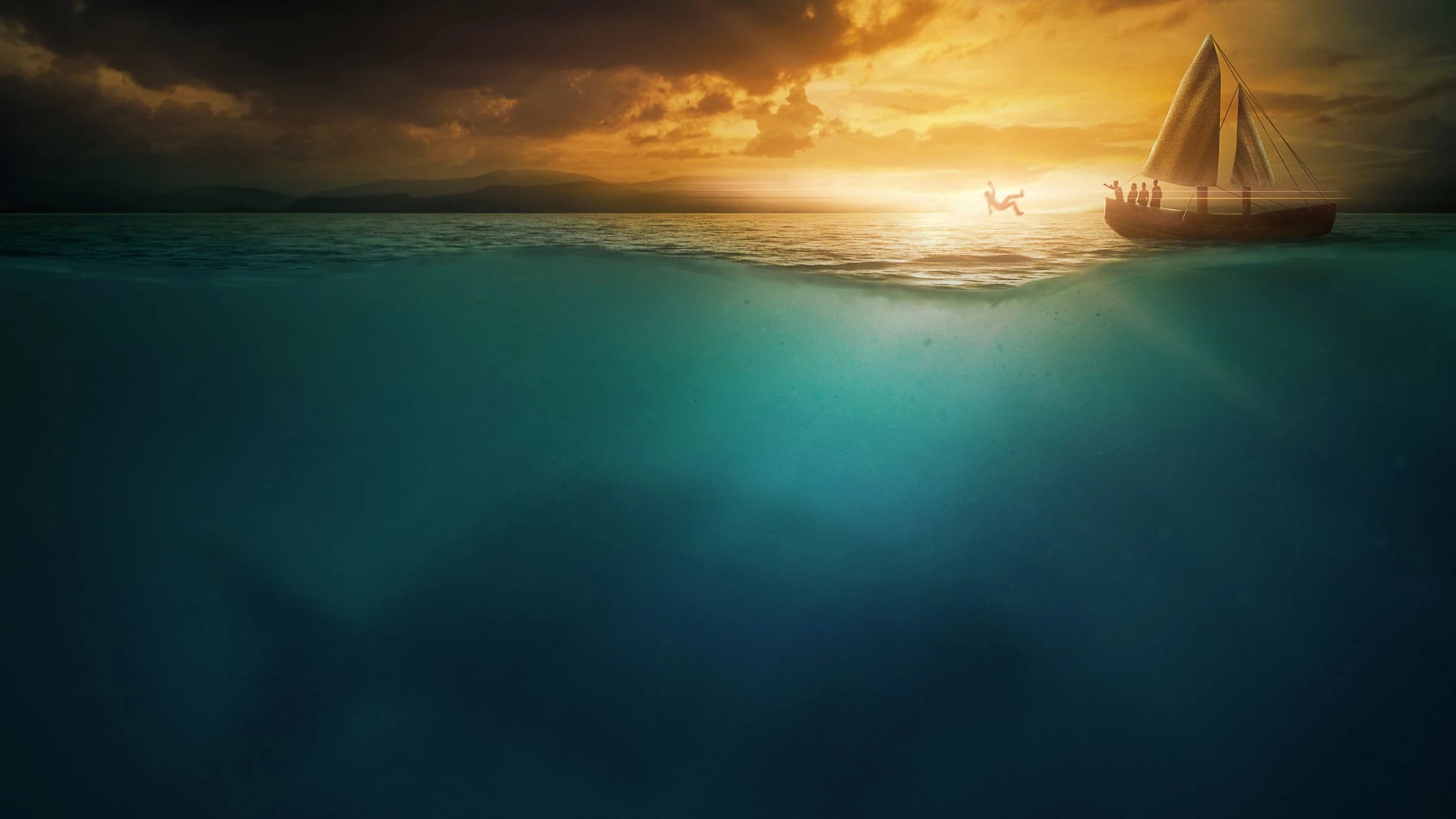 Jonah being thrown off the ship with whale under water