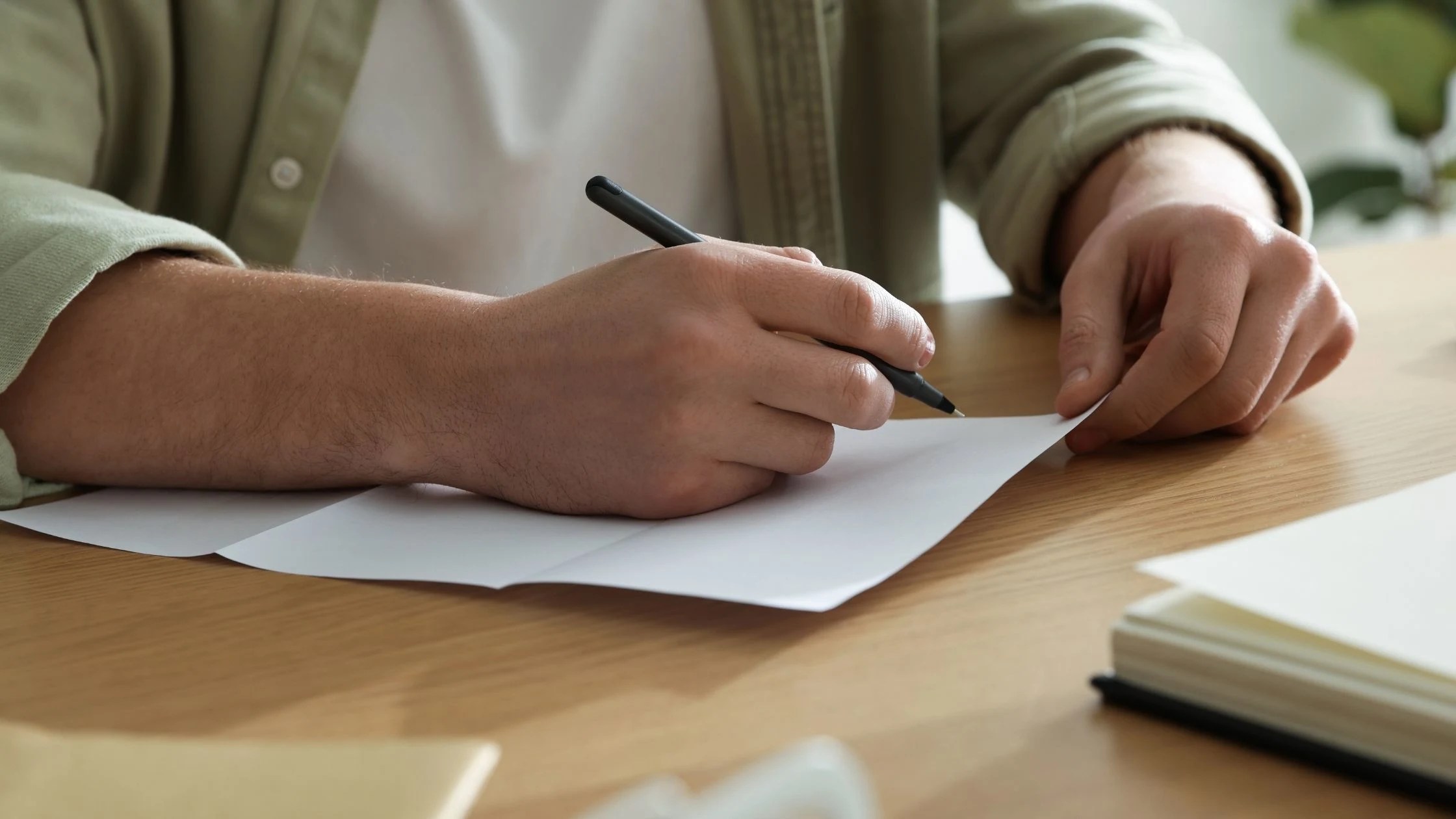 man sitting down with pen and white paper