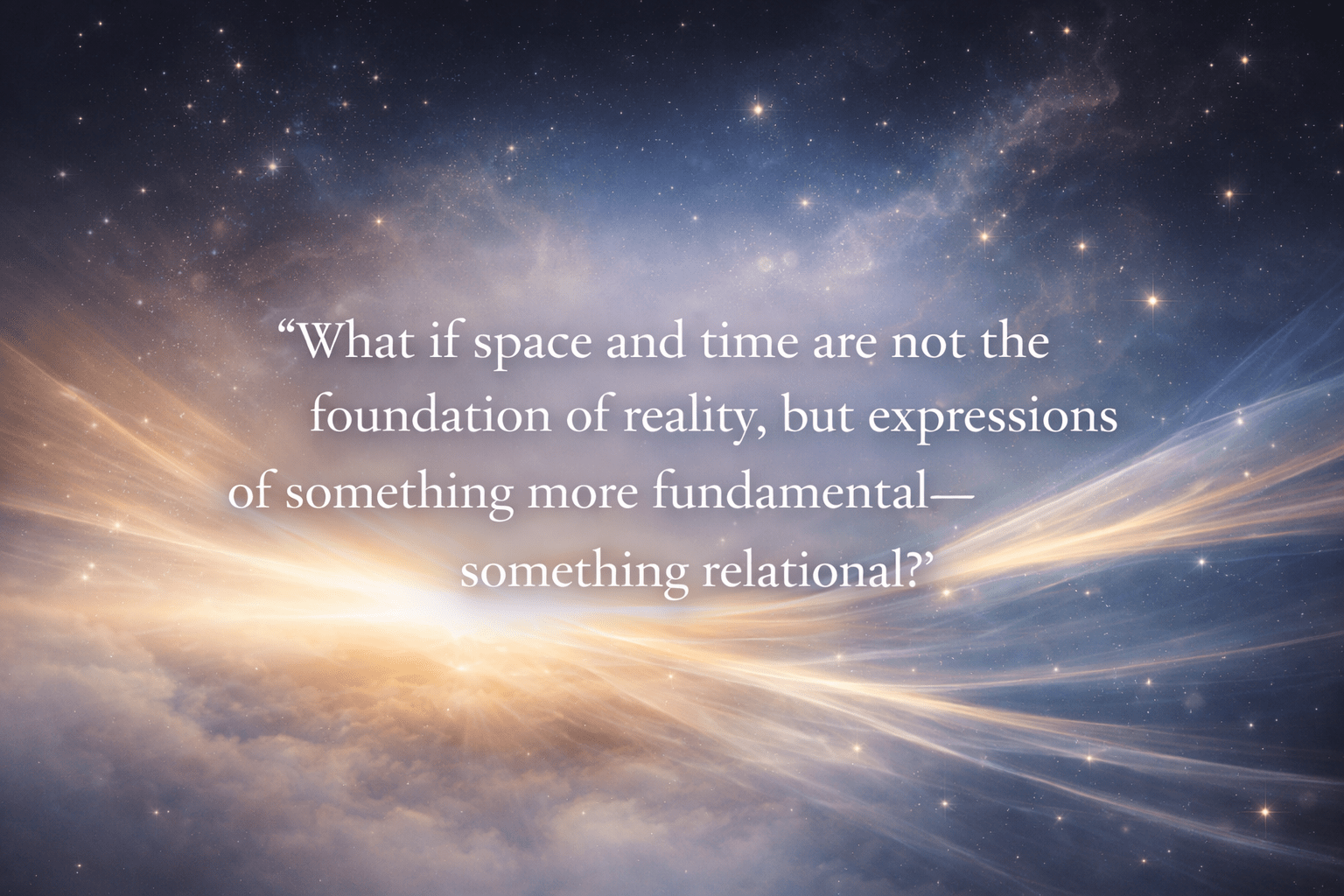 A quote from an essay—“What if space and time are not the foundation of reality, but expressions of something more fundamental—something relational?”—overlaid on a cosmic sky with stars and flowing light.