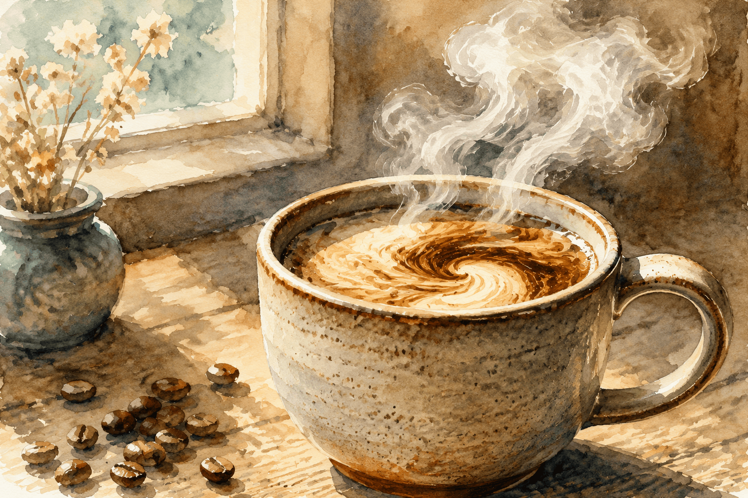 A warm watercolor painting of a rustic ceramic coffee mug filled with swirling coffee on a weathered wooden table beside a softly lit window. A single column of white steam rises from the center of the cup before gradually separating into graceful, curling plumes that drift upward. Scattered coffee beans and a small vase of delicate dried flowers rest nearby. Soft earth tones, loose watercolor textures, and gentle morning light create a calm, contemplative atmosphere.