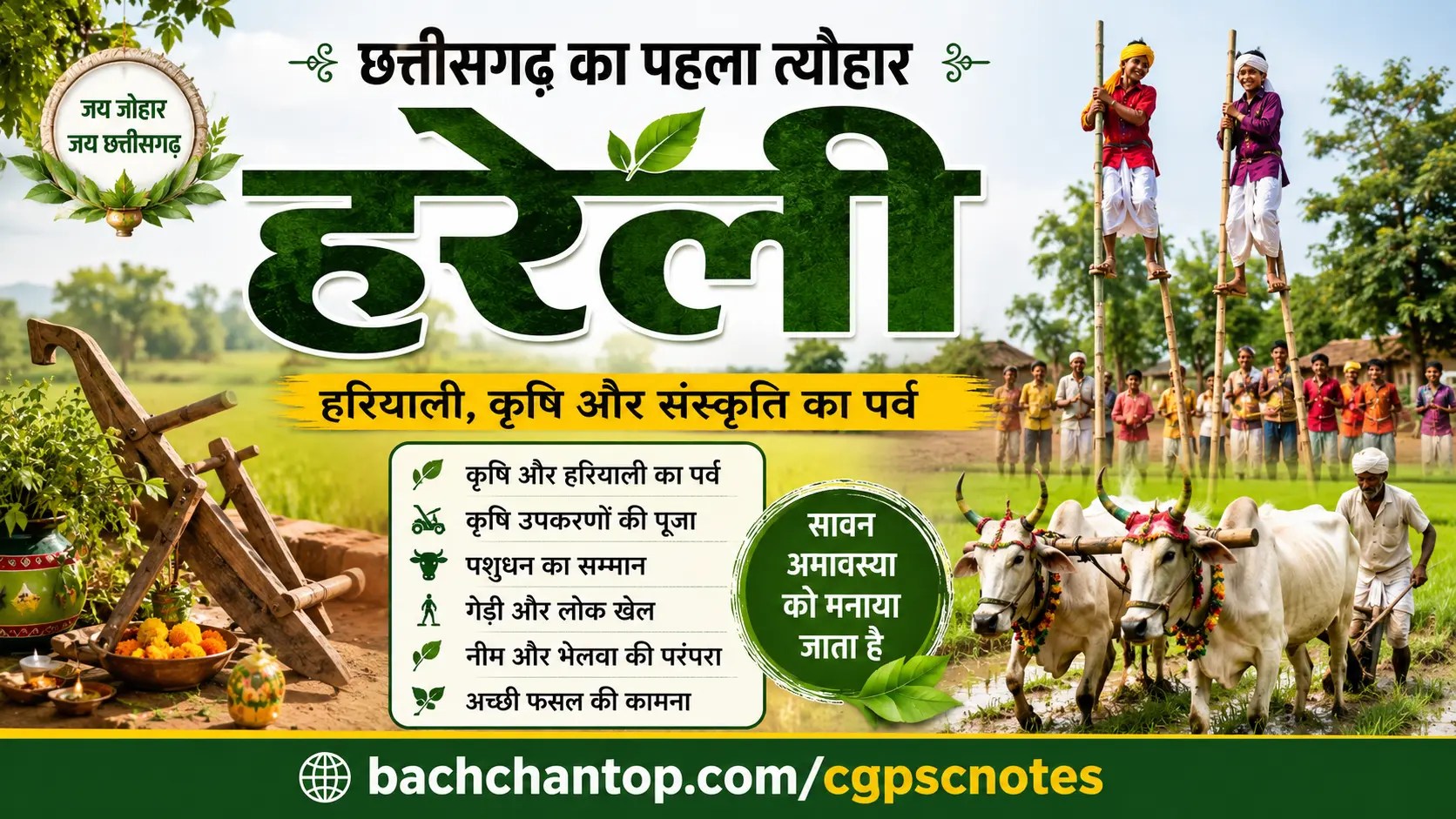 छत्तीसगढ़ का पहला त्यौहार: हरेली तिहार — इतिहास, परंपरा, कृषि महत्व और CGPSC के लिए महत्वपूर्ण तथ्य