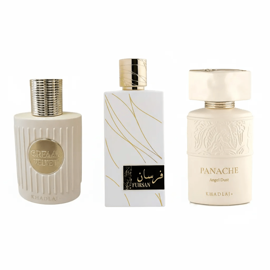 Fursan White, Panache Angel Dust Extrait De Parfum and Cream Velvet EDP 3.4 oz by Khadlaj Bundle
