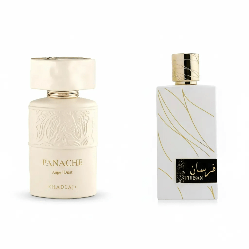 Fursan White EDP and Panache Angel Dust Extrait De Parfum By Khadlaj 3.4 oz Bundle