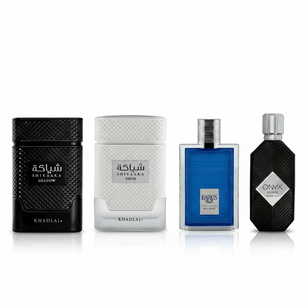 Shiyaaka Snow, Shiyaaka Shadow, Onyx Silver and Karus Blu Spice by Khadlaj EDP 3.4 oz Bundle