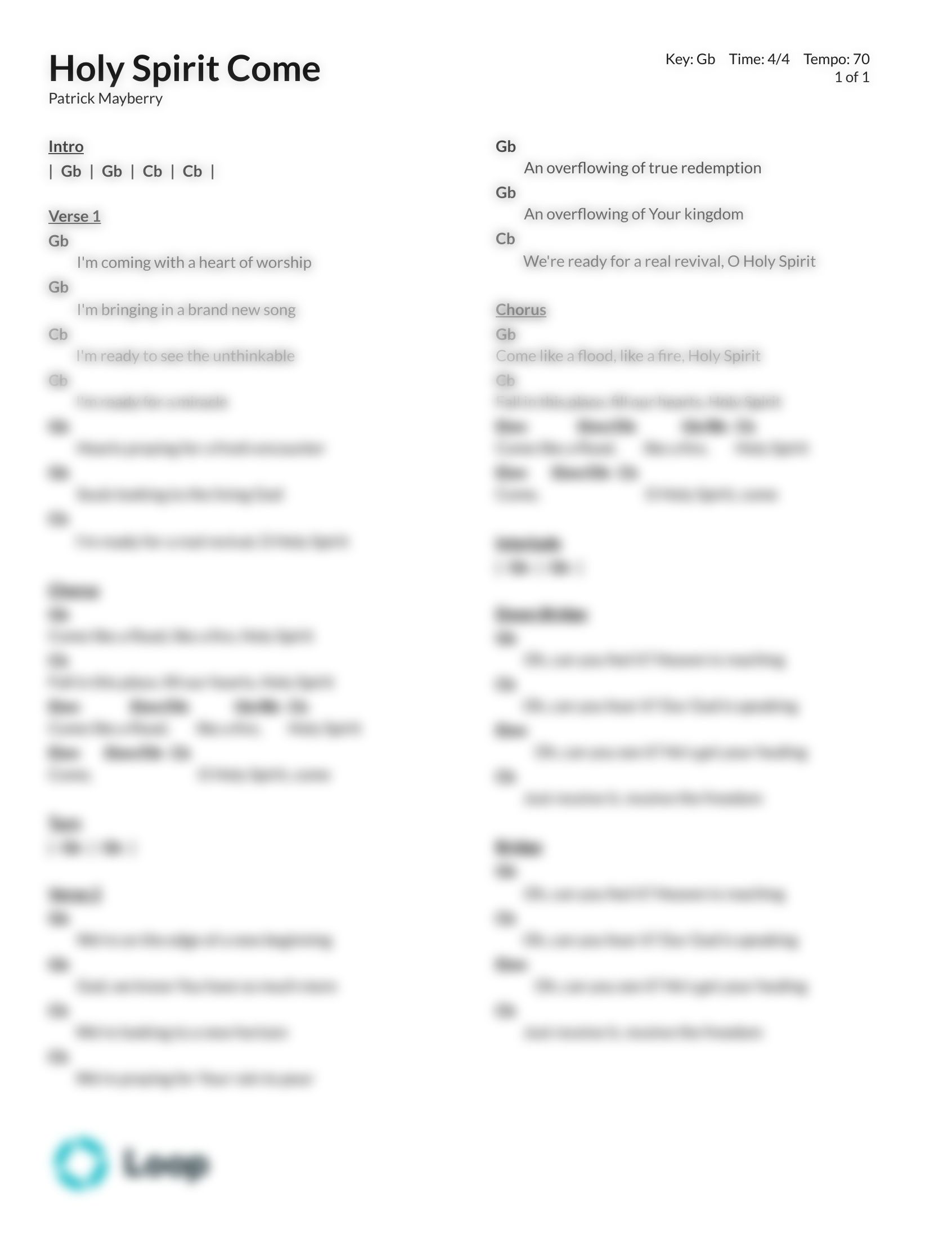 Holy Spirit Come Chord Chart Pdf Download Loop Community