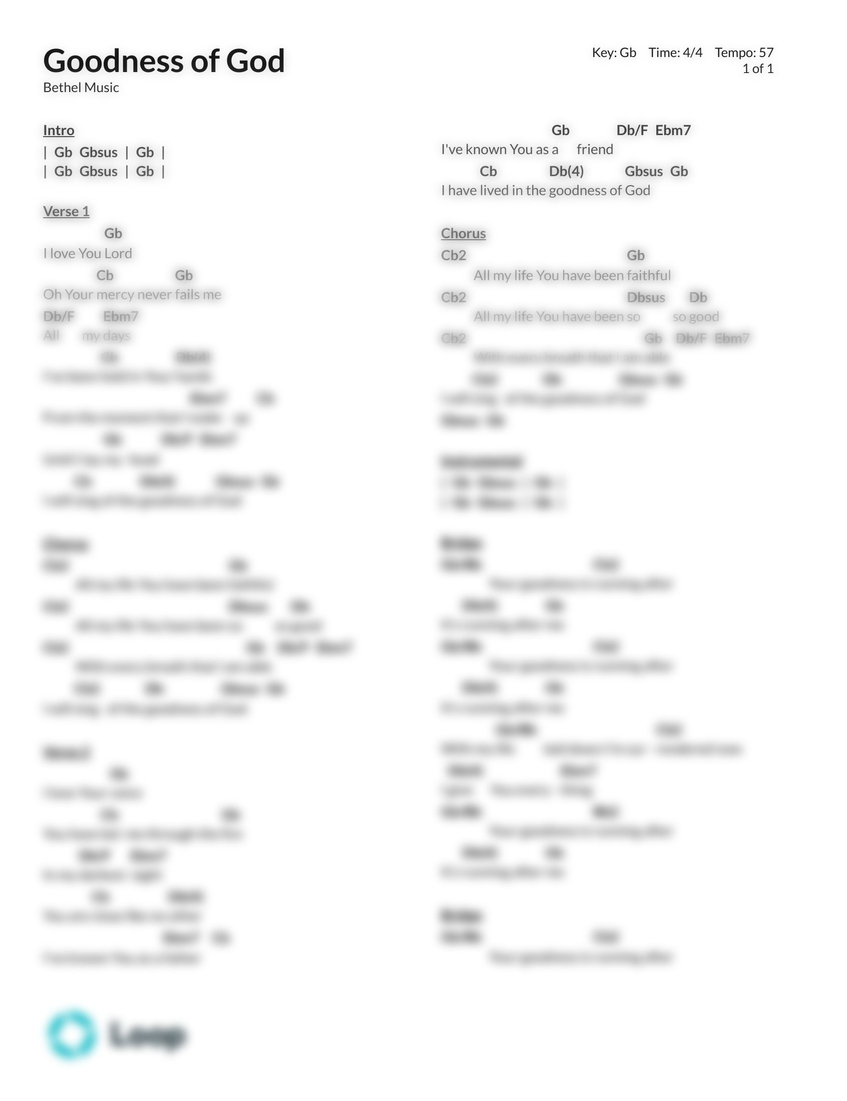 Goodness Of God Chord Chart Pdf Download Loop Community
