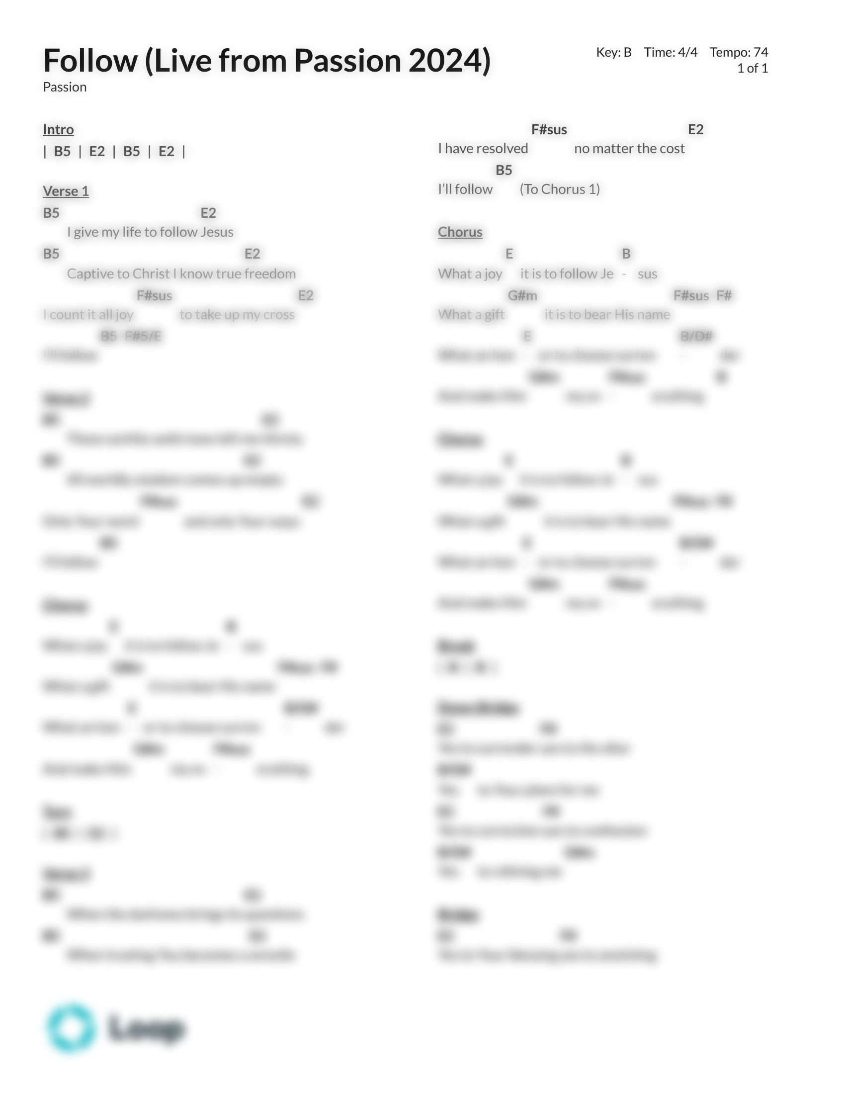 Follow Live From Passion 2024 Chord Chart Pdf Download Loop Community