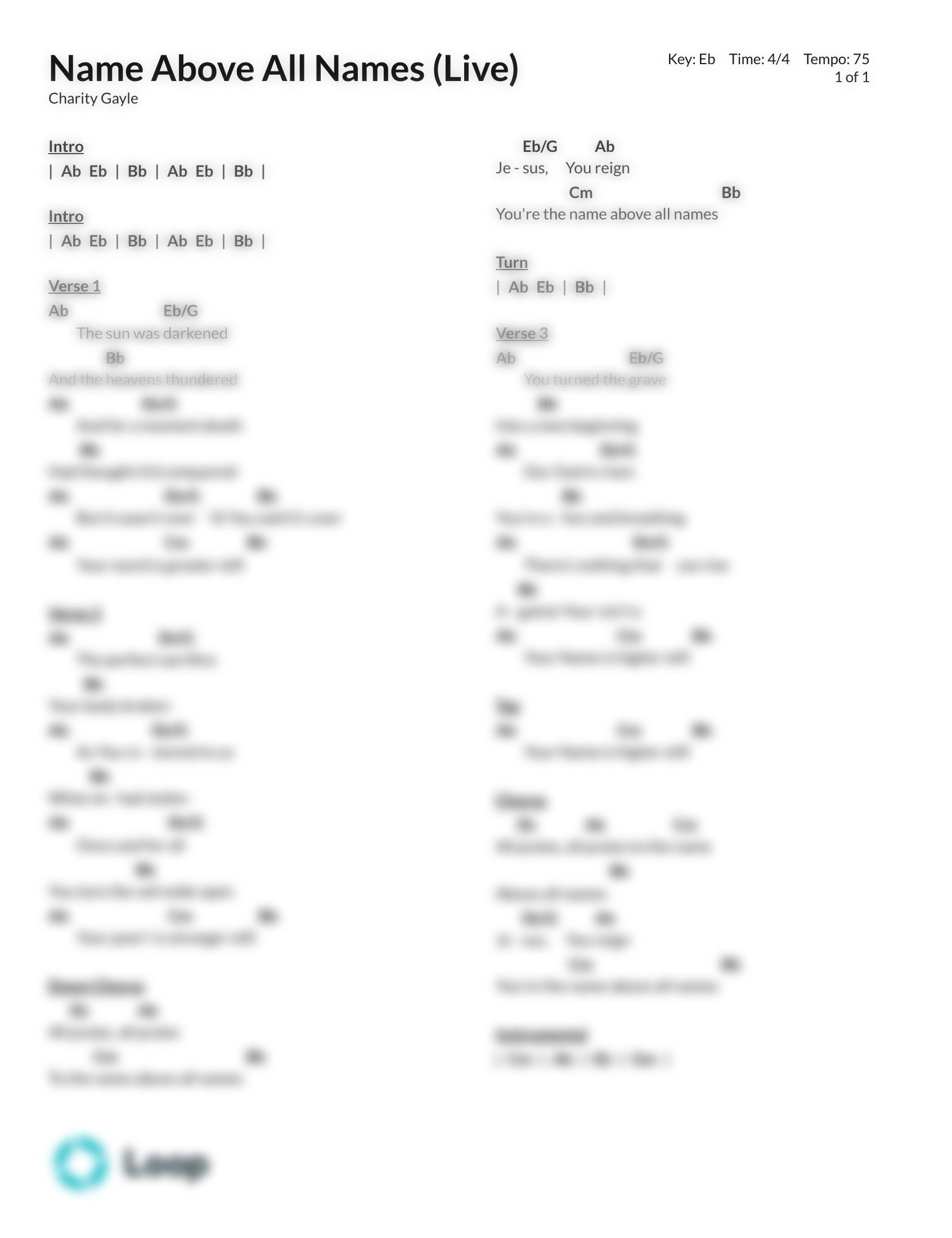 Name Above All Names Live Chord Chart Pdf Download Loop Community