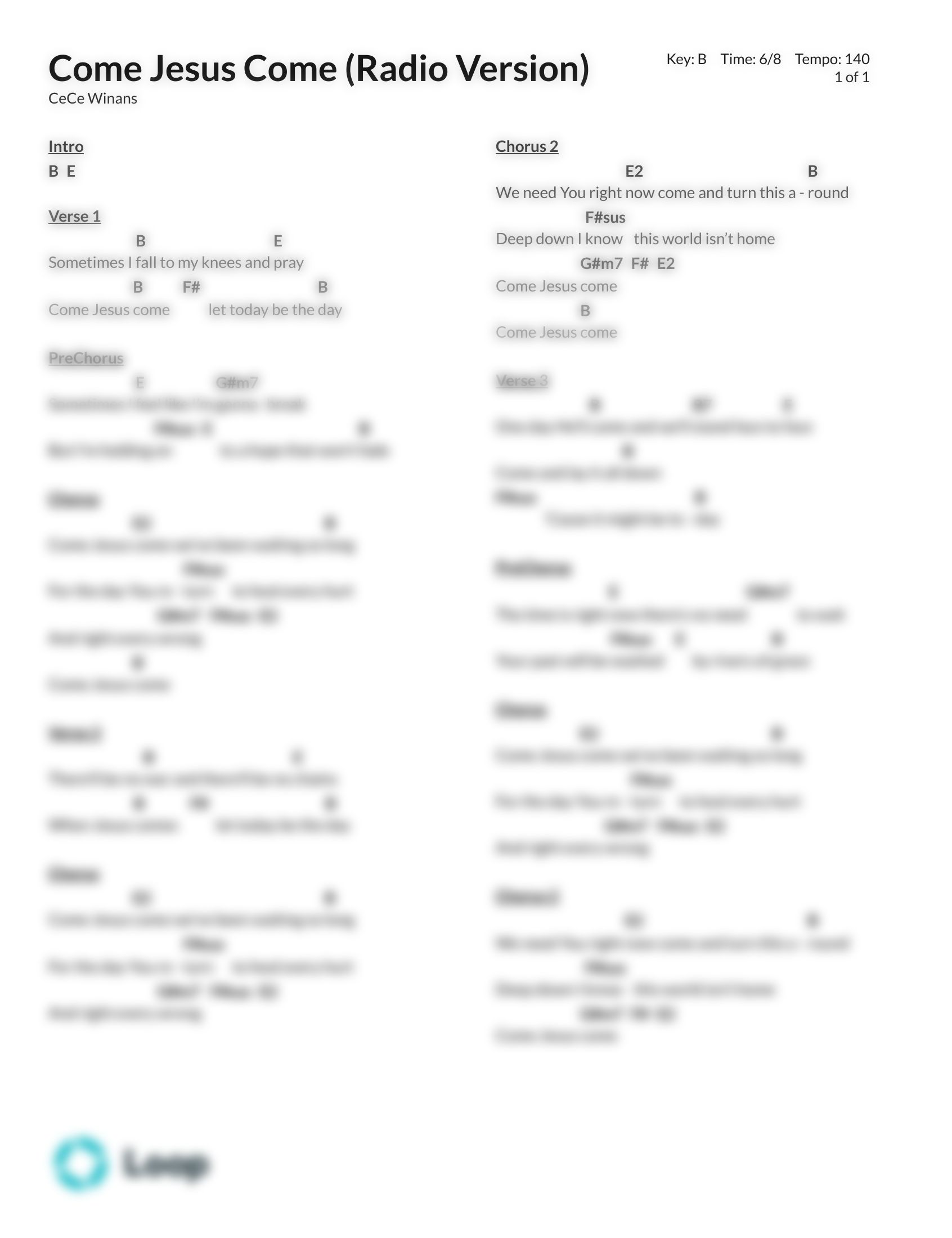 Come Jesus Come Radio Version Chord Chart Pdf Download Loop Community