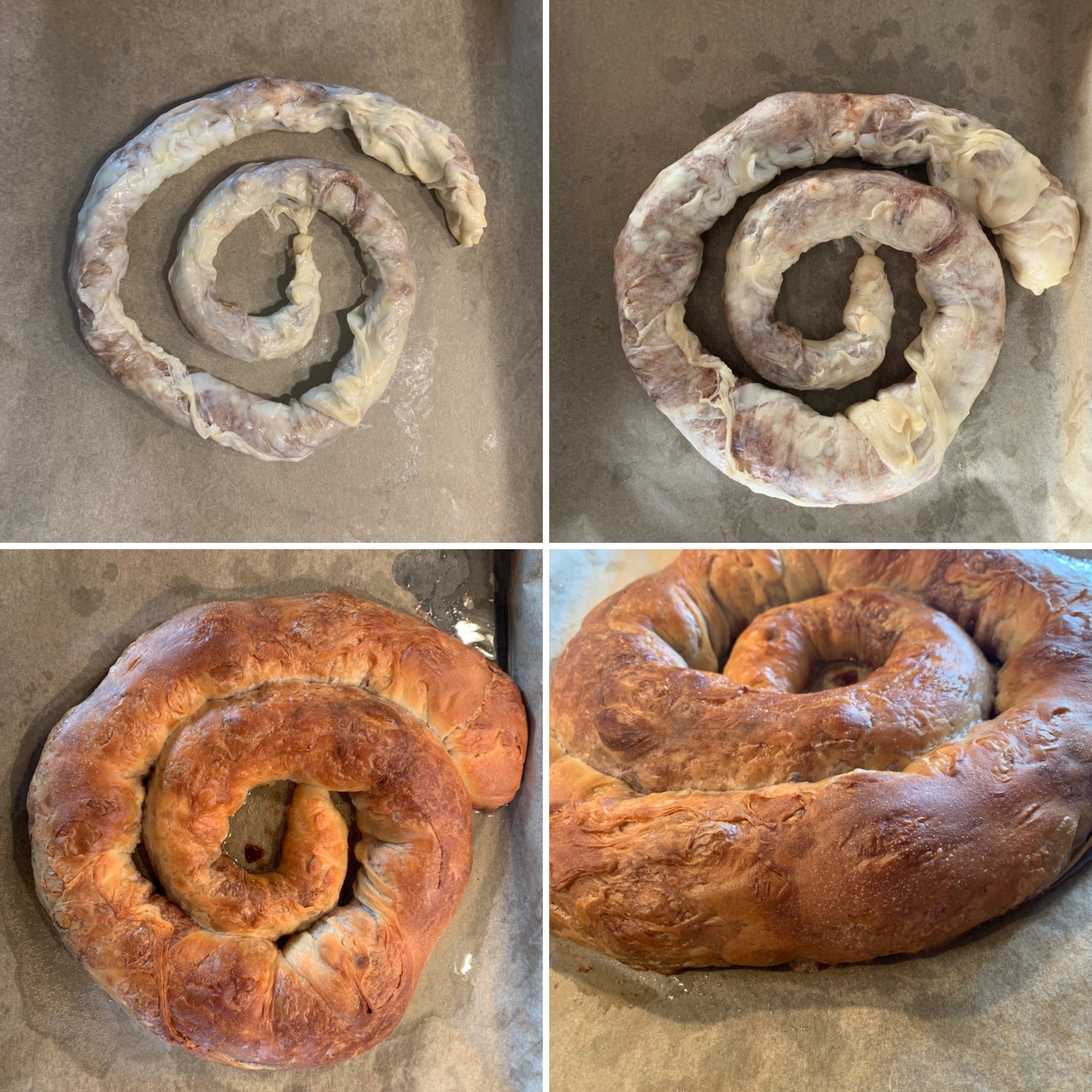 Links oben...Teig abends Rechts oben...Teig nach 15 Stunden Gehzeit