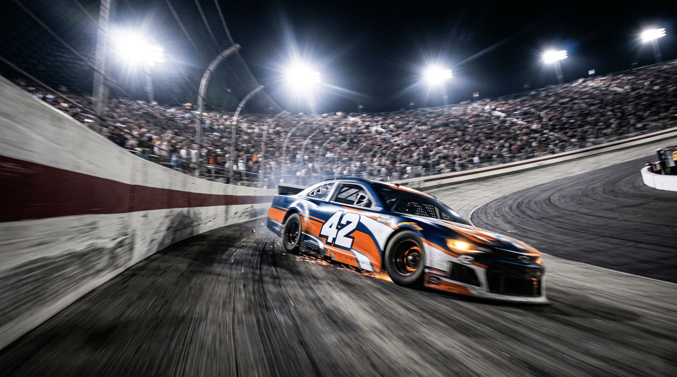 Generic illustration of a stock car racing under lights at a high-banked short track