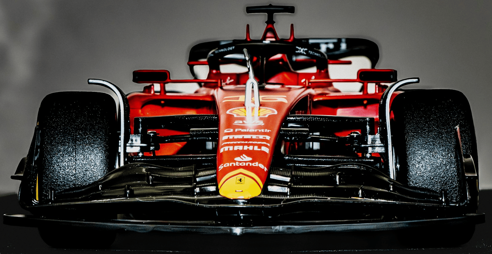 Close-up of a Ferrari Formula 1 car's front nose and halo