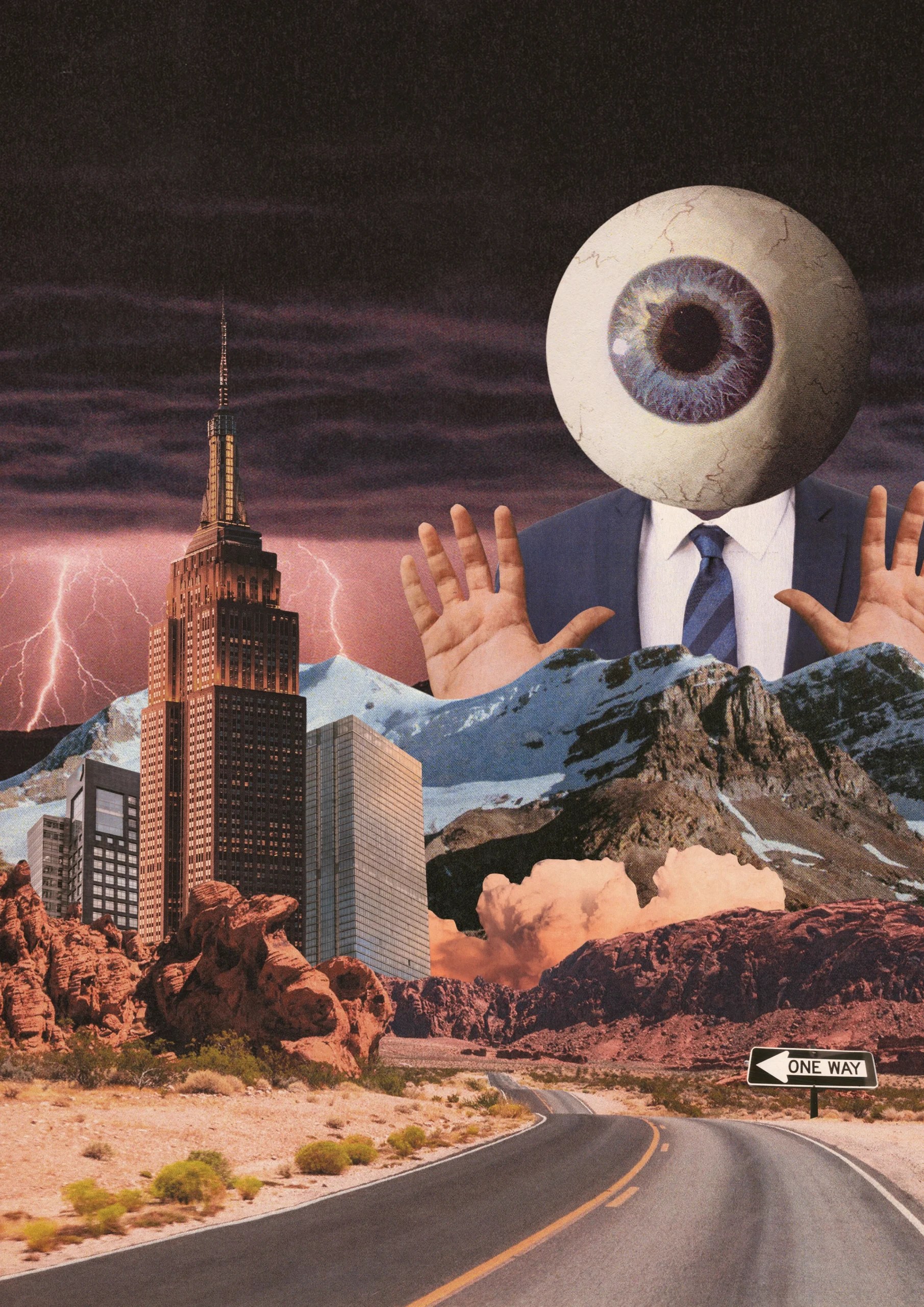 Collage of a man in a suit with a giant eyeball for a head, behind a skyscraper, desert rocks and a road under a stormy sky
